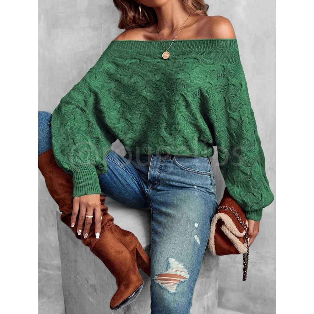 Off the Shoulder Batwing Sleeve Forrest Green Knit Sweater Pullover - Picture 2 of 8
